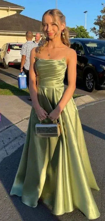 Sweetheart Sleeveless A-line Satin Evening Green Prom Dresses SD1419